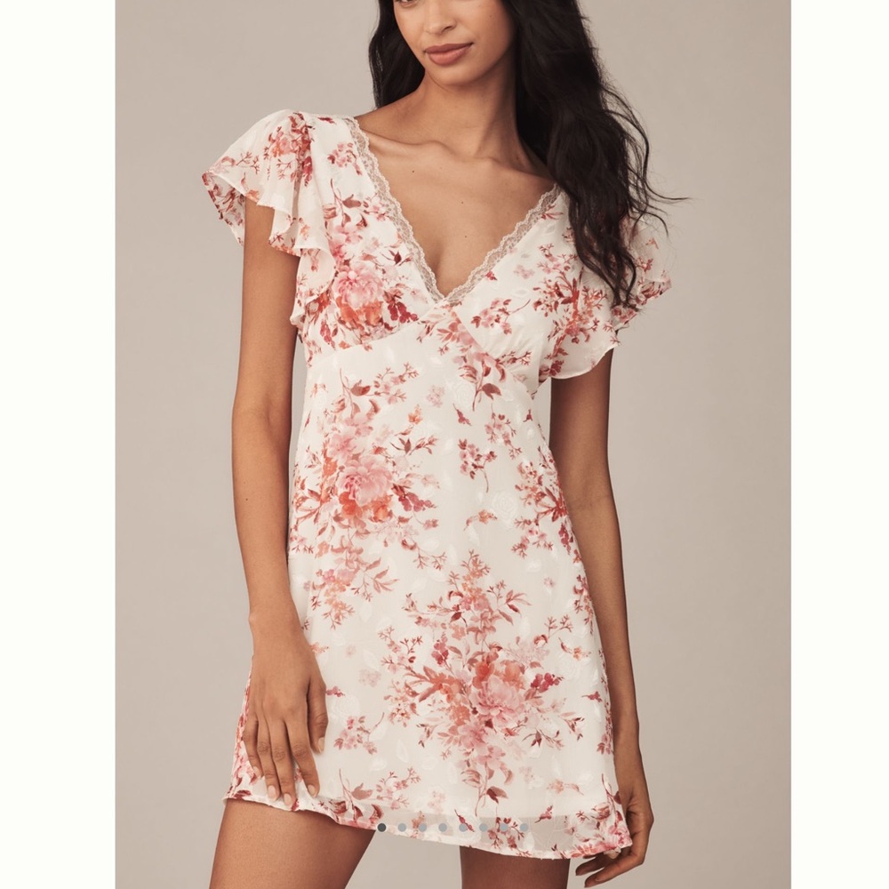 Anthropologie Lace-Trim Short Sleeve Mini Slip Dress En Elly NEW White Floral